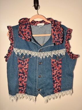 Upcycled American Flag Blue Denim Vest Fourth of July USA Print Lace Trim
